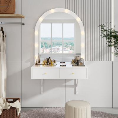 Floating Makeup Vanity Desk With Mirror & 3-Colour Lights, Wall Dressing Table With Power Outlet, Compact Vanity, Large Storage