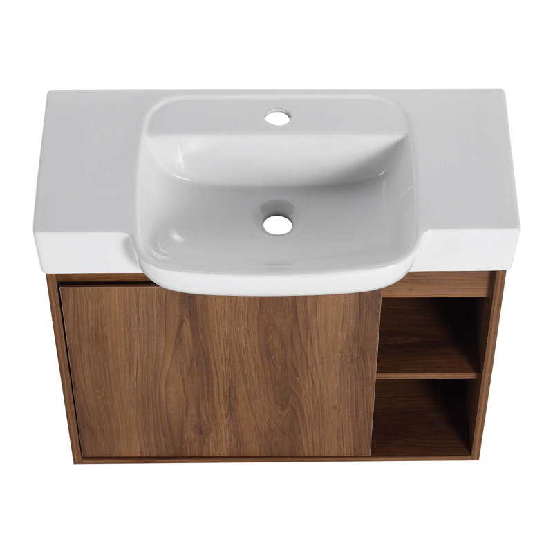 Meuble-lavabo mural avec lavabo en céramique blanche et porte à fermeture en douceur