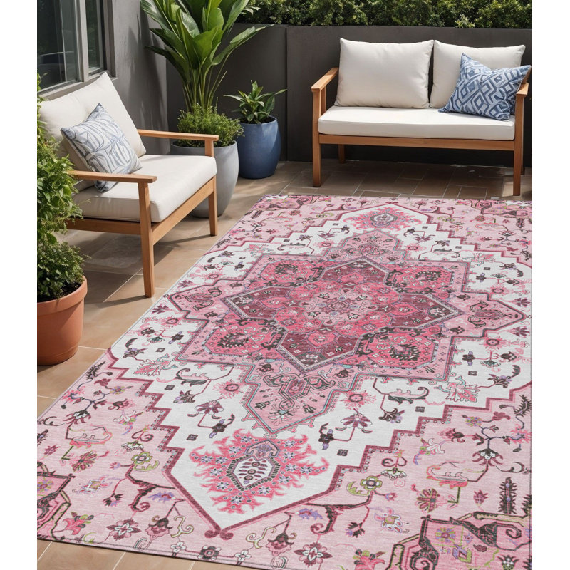 Tapis oriental lavable intérieur rose 5 pi x 8 pi