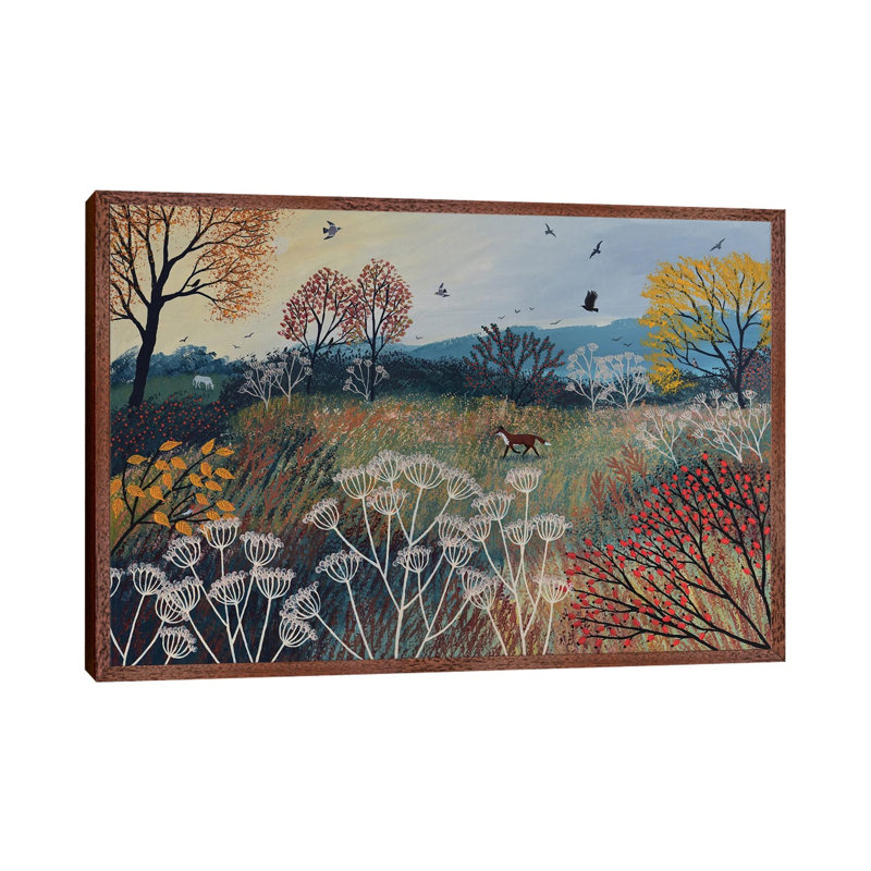 Across Autumn Meadow by Jo Grundy - Painting on Canvas, 66.04cm H x 101.6cm W x 3.81cm D, Brown Framed