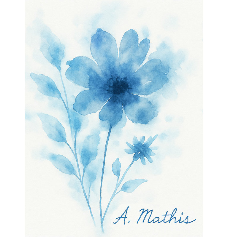 «Blue Blossom Harmony», art mural floral par A. Mathis, H 24 po x l 16 po