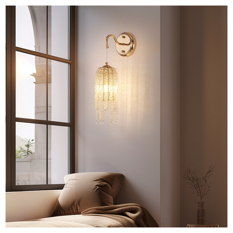 Set of 2 Gold Iron Wall Sconces with Cascading Crystal Bead Strings, Decorative Metal Light Fixtures