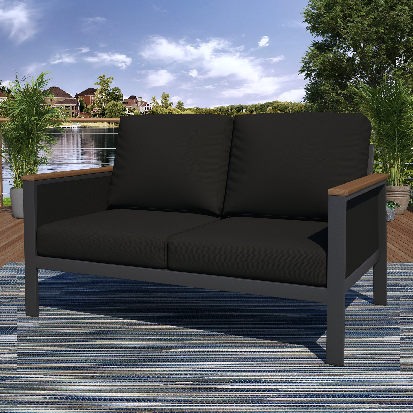 Townsend 55" Sunbrella® Patio Loveseat, Canvas Black, Brown/Canvas Black