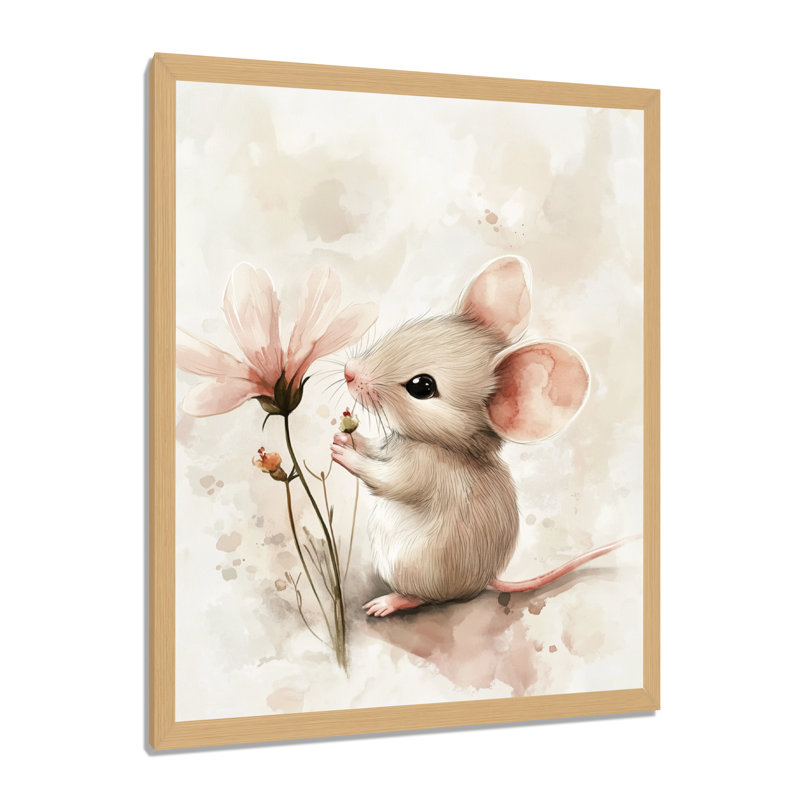 Petite souris avec une fleur I - Tableau encadré pour chambre d'enfant, 32" H x 16" W, Cadre naturel