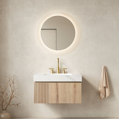 Meuble-lavabo 30 po, meuble de rangement flottant en contreplaqué avec tiroir et porte, comptoir en pierre frittée blanc de Carrare et lavabo en céramique avec 3 trous de robinet pré-percés, pré-assemblé