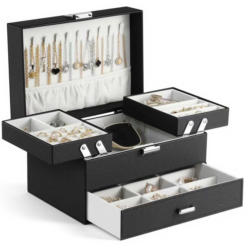 3-Layer Large Jewellery Storage Case with Drawer, Black
