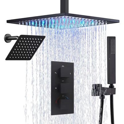 Black Thermostatic Shower System 12" LED Shower Faucet Set 6" Shower Head Combo