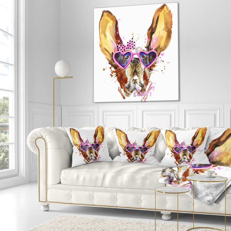 Chien brun mignon avec des lunettes en forme de cœur - coussin imprimé animal, 16 po x 1 po, Coussin décoratif