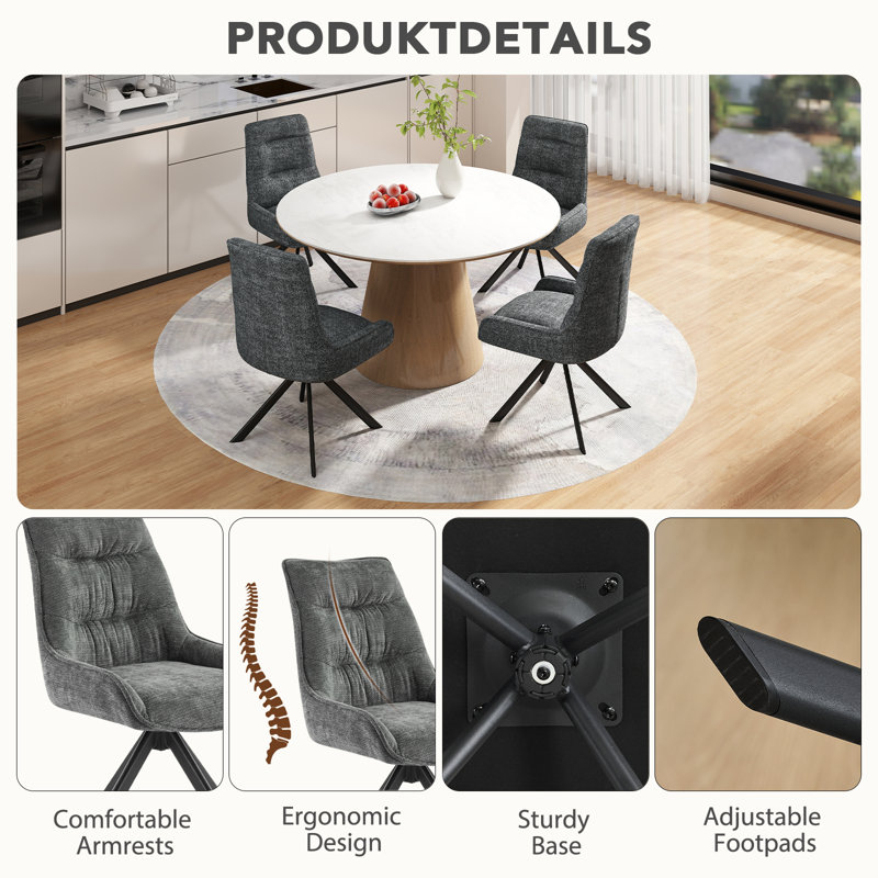 Modern  Chenille Upholstered Swivel Dining Chairs, Accent Armchairs With Metal Legs, Dark Gray