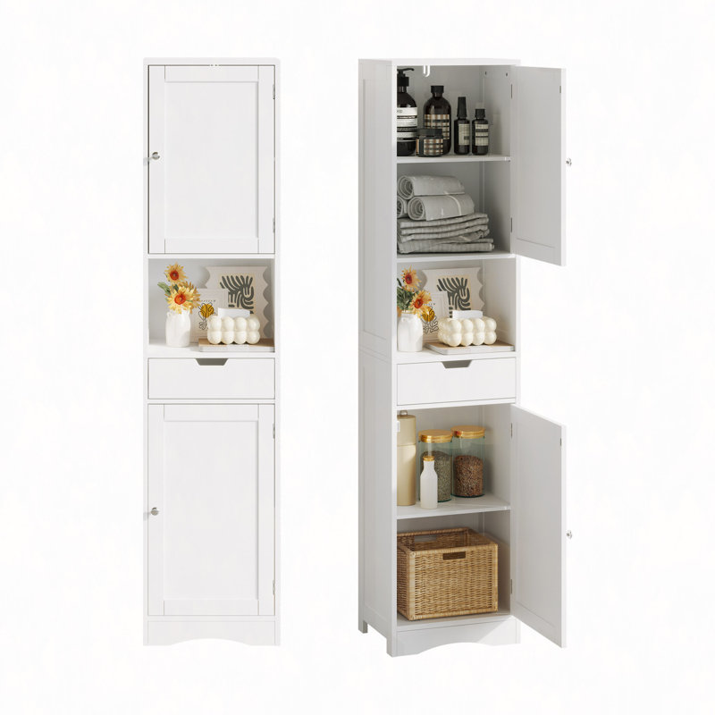 Armoire de salle de bain de 67 po de hauteur, armoire de rangement avec 2 portes et 1 tiroir, armoires de rangement étroites avec tablettes réglables, organisateur de plancher de salle de bain pour salon, entrée, bureau à domicile