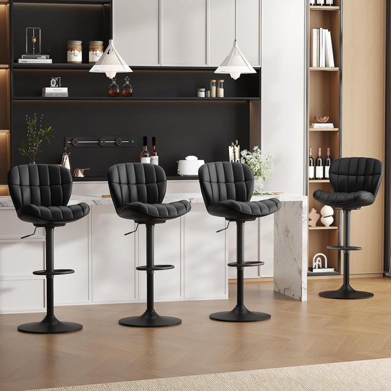 Mid-Century Modern Faux leather Low Back Swivel Adjustable Height Bar Stool Upholstered Counter Stool with Metal Frame, Black