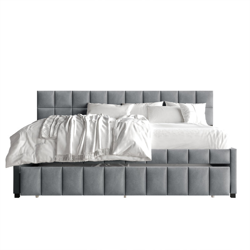 Twin Daybed Velvet With Trundle, Light Gray