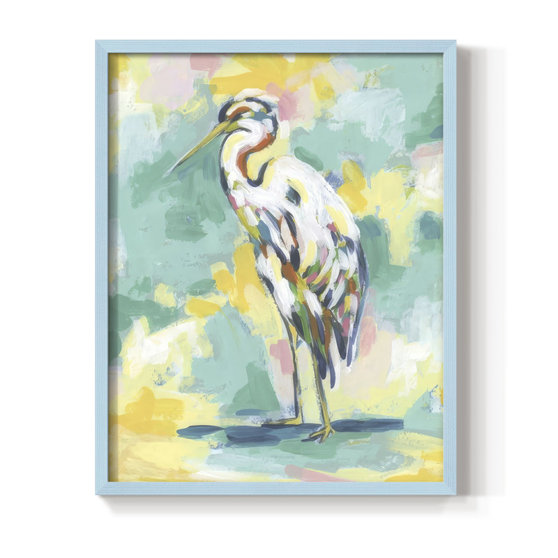 Bright Heron Fresco II, reproduction encadrée - bois massif, Bleu, 11" H x 9" W