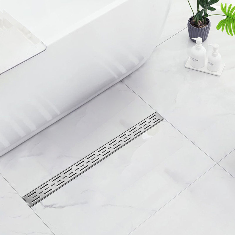 Brushed Nickel Stainless Steel Rectangle Shower Floor Drain,36-Inch Linear Drain With Leveling Feet,Hair Strainer,Removable Bar Pattern Grate