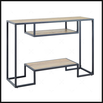 Rustic Oak And Black Console Table With 2 Shelves, Perfect For Industrial Decor And Extra Storage