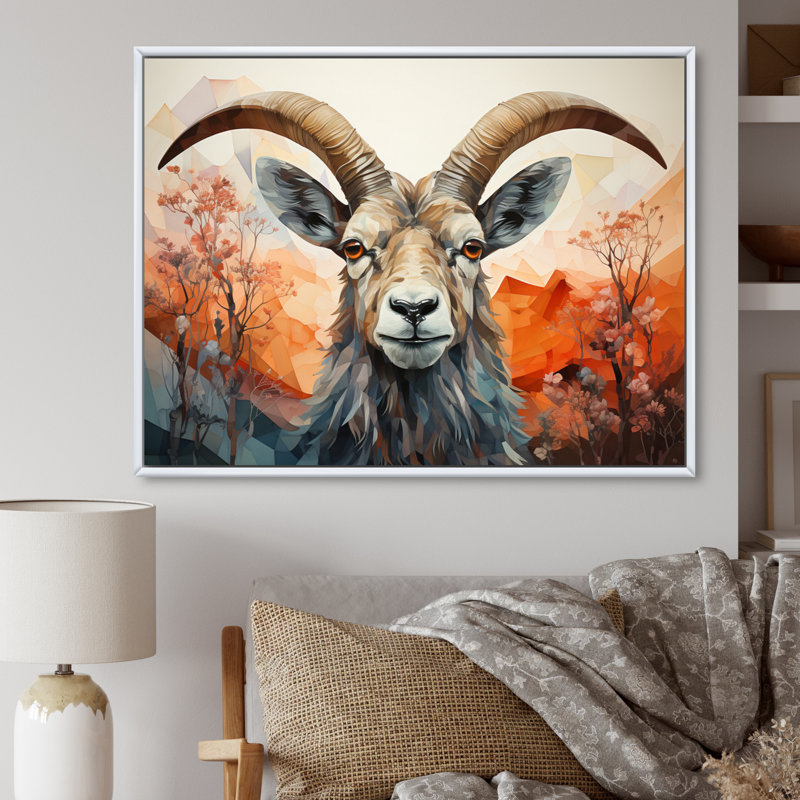Goat Mountain Explorer géométrique - Chèvre, art mural, H 30 po x l 40 po x P 1,5 po, Cadre flottant blanc