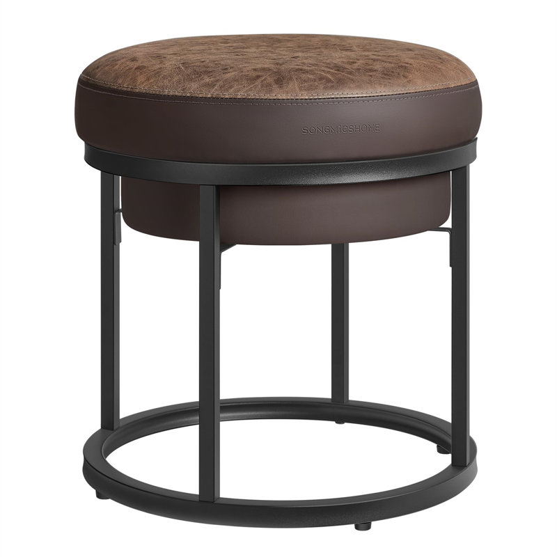 Walnut Brown Round Ottoman with Alloy Steel Frame and Storage