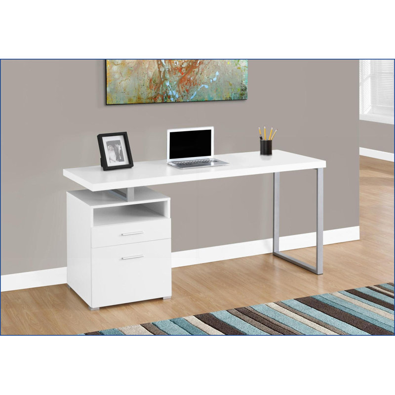 Bureaux: bureau d'ordinateur moderne de 60 po avec tiroirs de rangement, ensemble réversible gauche / droite, métal gris stratifié blanc | Blanc | Panneau de particules