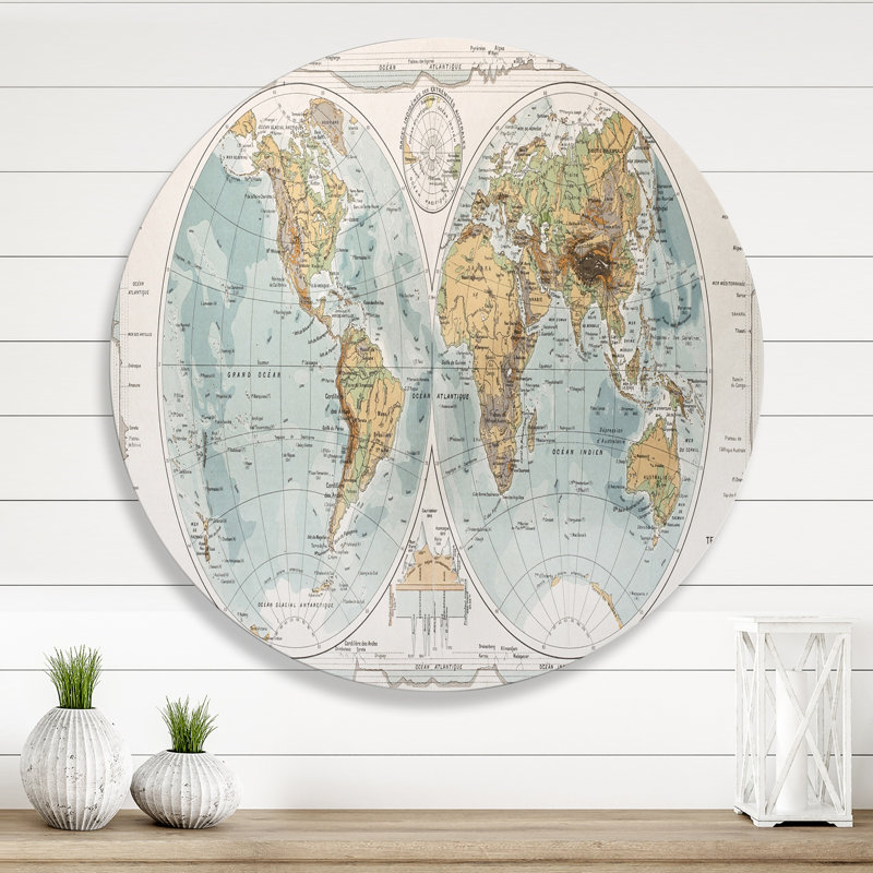 Ancienne carte du monde II - cercle rustique en métal, art mural, H 23 po x l 23 po x P 1 po