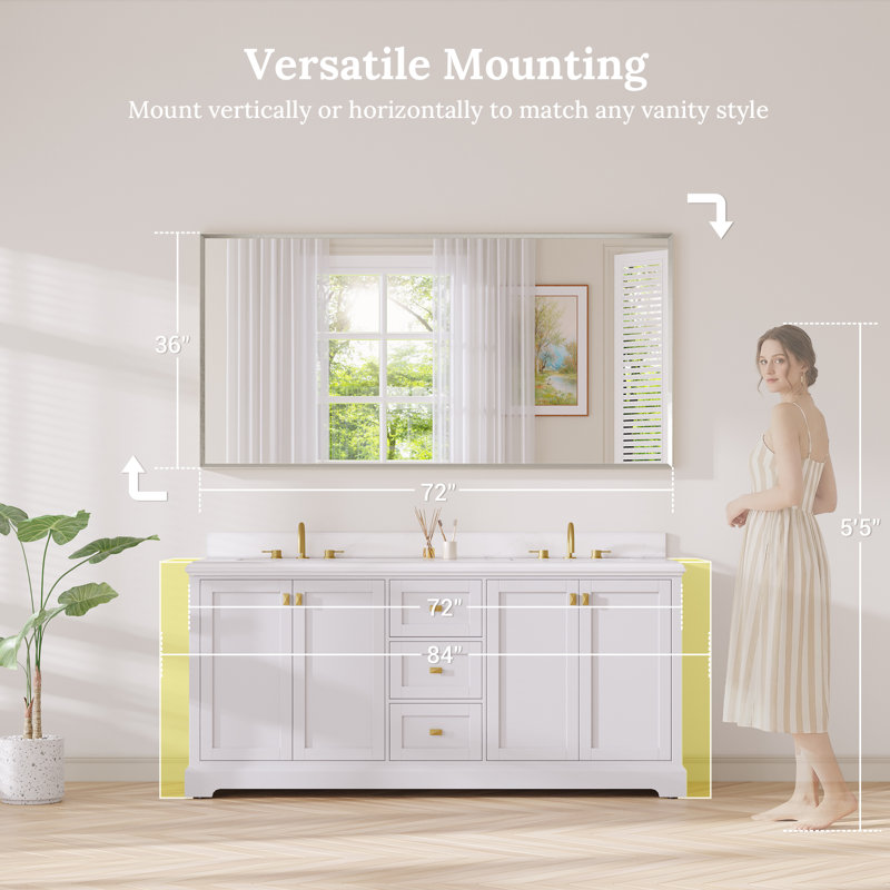 Bathroom Vanity Mirror with Tempered Glass and Aluminum Frame, 36" x 72", Brushed Nickel