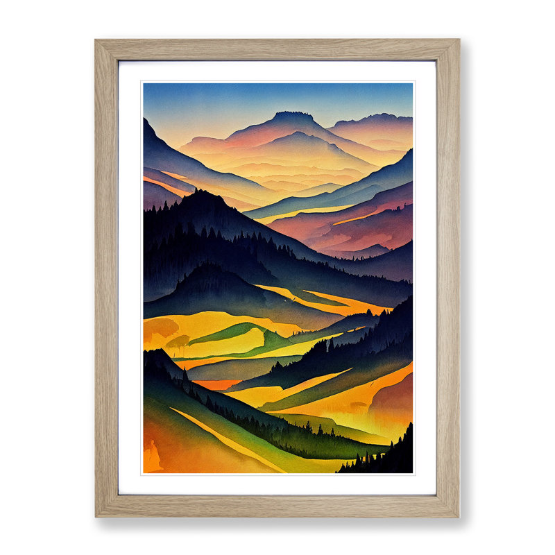 Meadow Landscape Watercolour No.2 - Framed Print, 64cm H x 46cm W x 2cm D, Oak