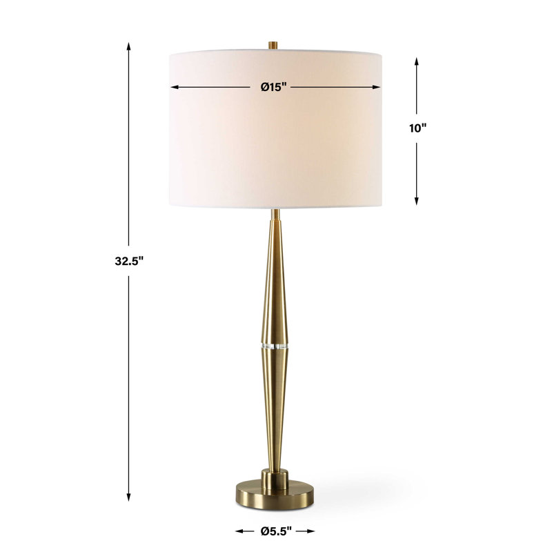  Lampe de table en métal - finition laiton antique avec accent de cristal et abat-jour tambour en lin blanc cassé pour chambre ou salon H 32,5 po