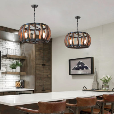 Comas 5 - Light Unique / Statement Wood Drum Chandelier Farmhouse Chandelier for Dining Room