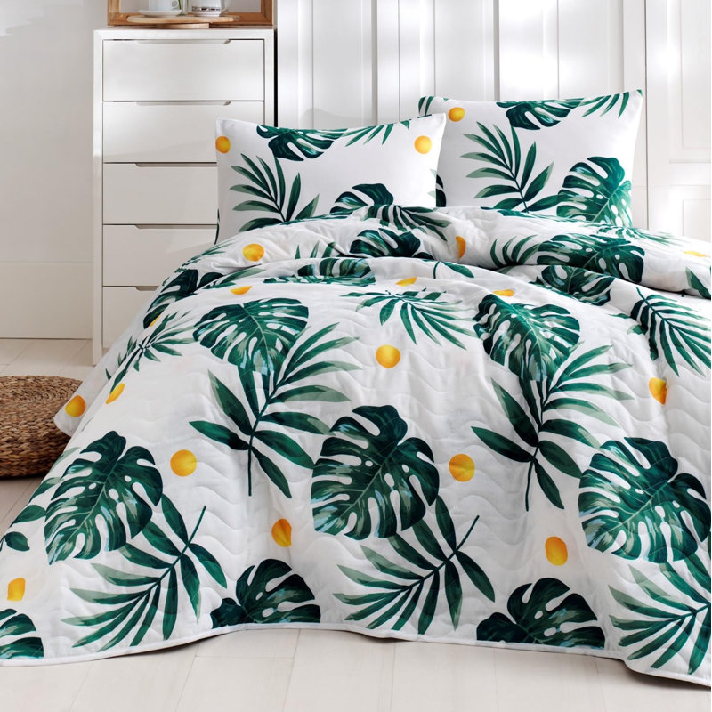 Elegant Single Bedspread Set, White/Green/Yellow, 63 x 87 | 65% Cotton / 35% Polyester, 270 GSM, 120 Thread Count | Includes 1 Pillowcase (20 x 28) | Machine Washable, Button & Envelope Closure, Cozy and Stylish Design