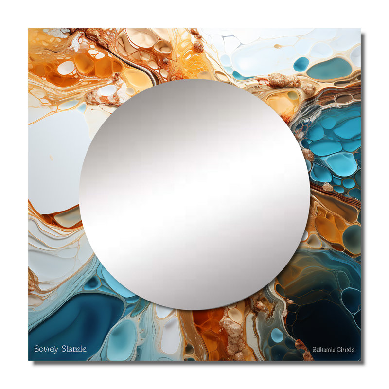 Caedan - Art mural miroir géométrique abstrait à formes abstraites bleues et blanches pour salle de bain, 23 po x 23 po