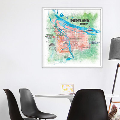 Portland Oregon USA Illustrated Map by Markus & Martina Bleichner - Painting on Canvas