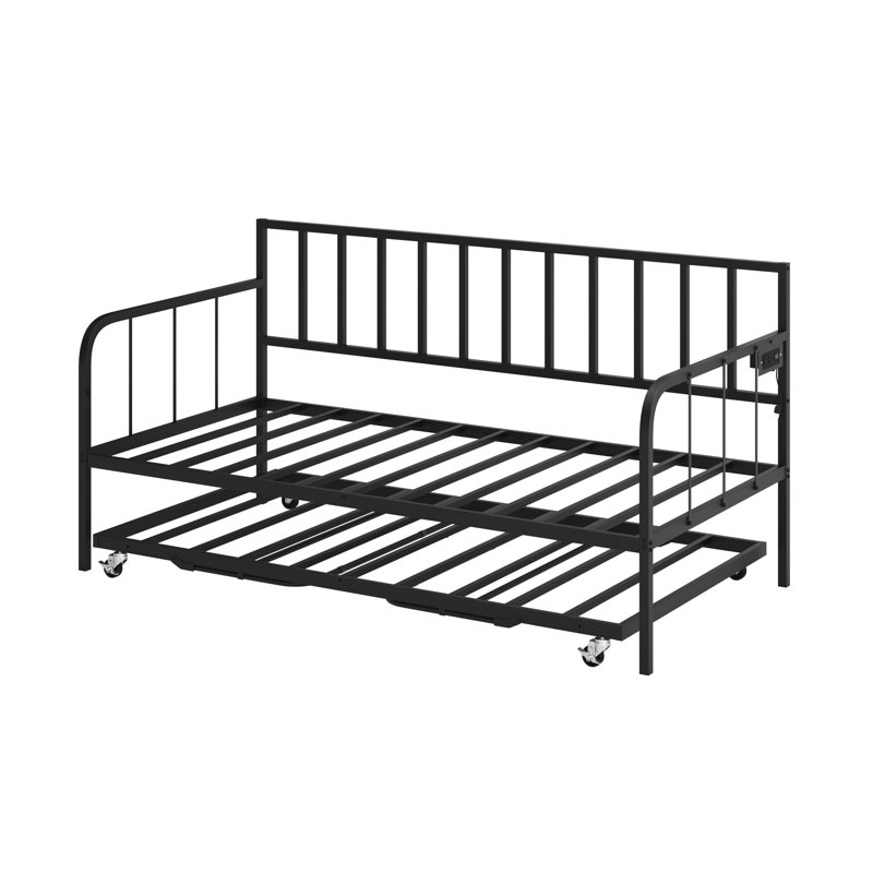Twin Daybed With Trundle, Metal Trundle Bed, Sofa Bed Frame With Heavy Duty Metal Slats Sppports, Space Saving, For Living Room, Bedroom And Guest Room