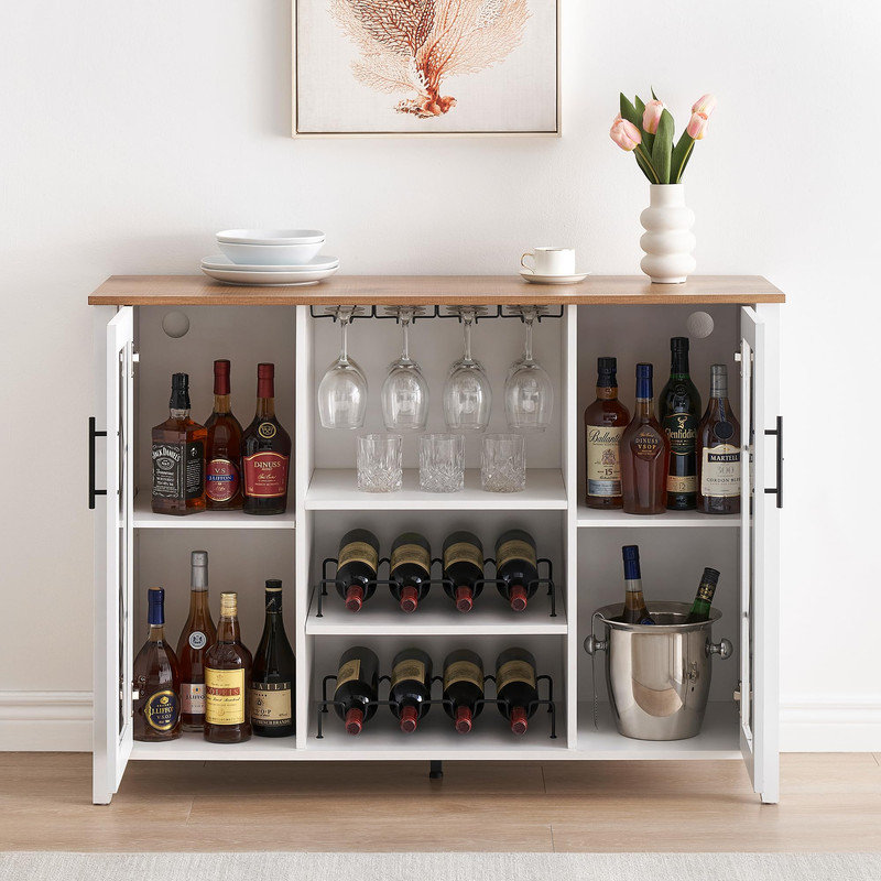 LED Bar Cabinet with Glass Rack – White & Mango Wood, Adjustable Shelves for Wine, Coffee, Whiskey, White