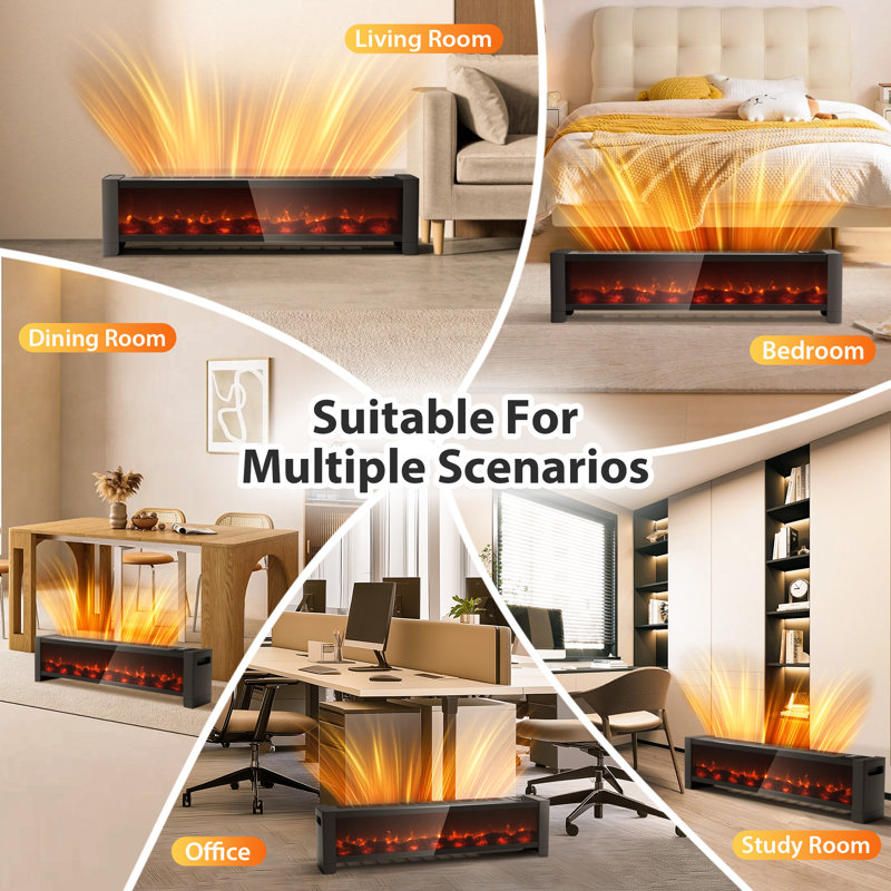  1500W Electric Fireplace Heater with Realistic Flame Effect, Adjustable Thermostat Space Heater for Large Room