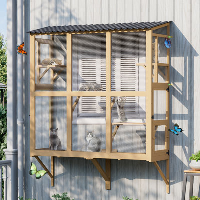 Cat Catio, Cat Window Perch For Large Indoor Cats, Window Box Enclosure With 4 Jump Platforms, Wooden Window Hammock For Multi Kittens, All-weather Use Outdoor Small Pet Perch House