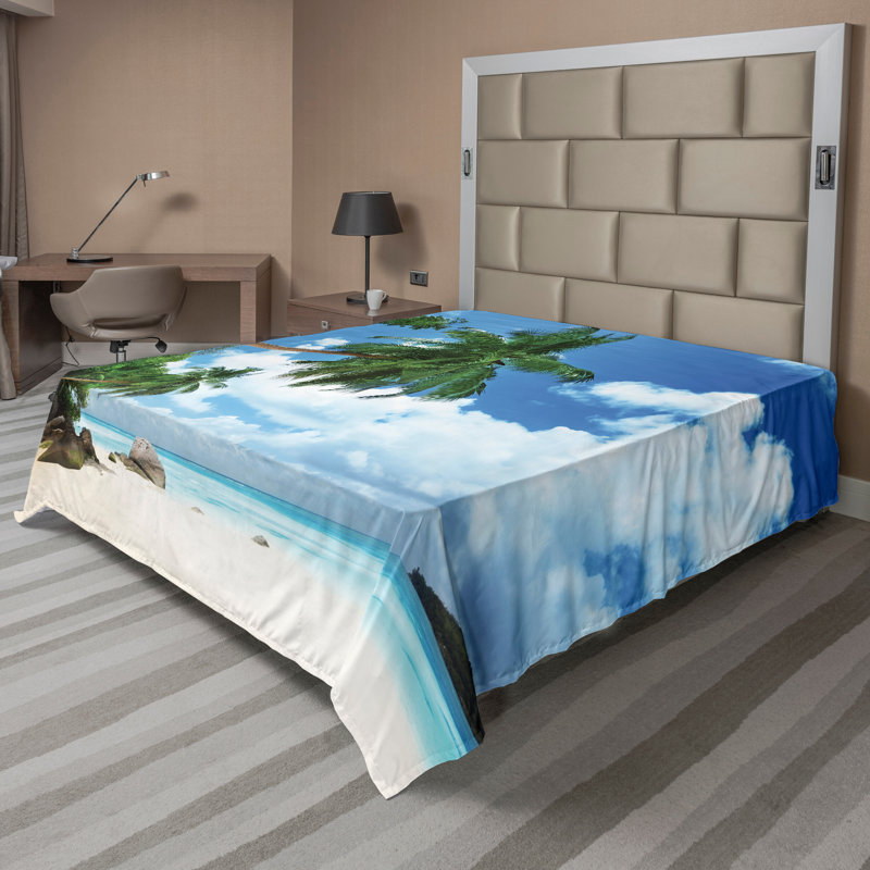 Ambesonne Seascape Top Flat Sheet Mahe Island in Seychelles Green Blue Aqua, King