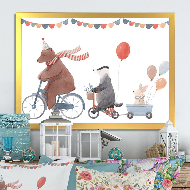 Animaux mignons à bicyclette, H 24 po x l 36 po x P 1 po, Cadre d'angle fermé doré