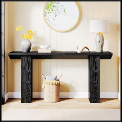 Console de style campagnard industriel de 63 pouces avec conception triangulaire inversée, étroite et durable pour l'entrée et le couloir, finition grain de bois noir