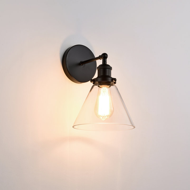 Applique murale 1 lumière noir mat Mateo avec abat-jour en verre transparent, Matte Black