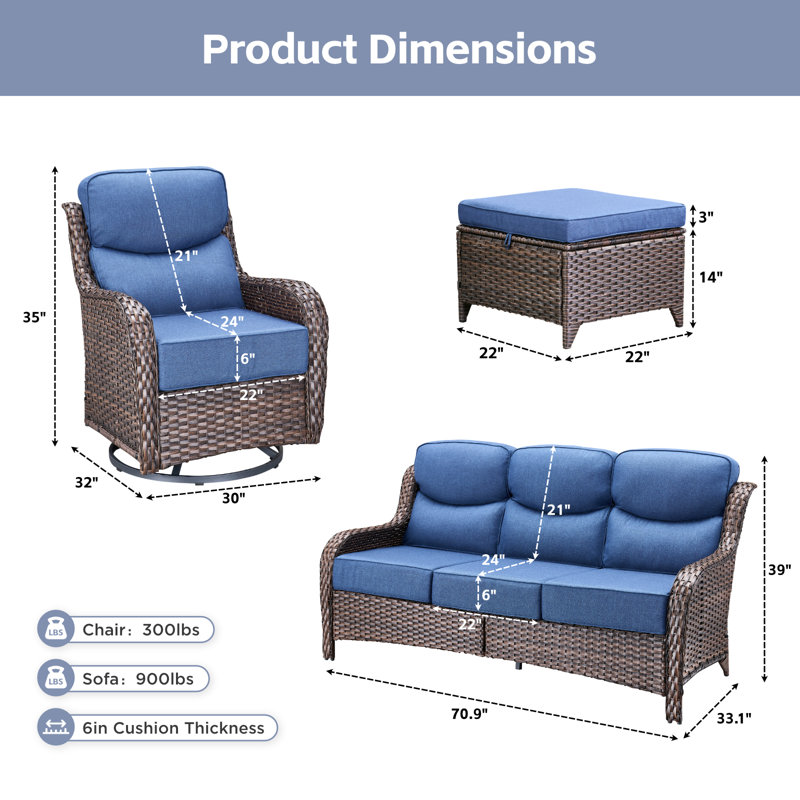7-Piece Outdoor Courtyard Sofa Conversation Set With Ottomans, Blue, Brown