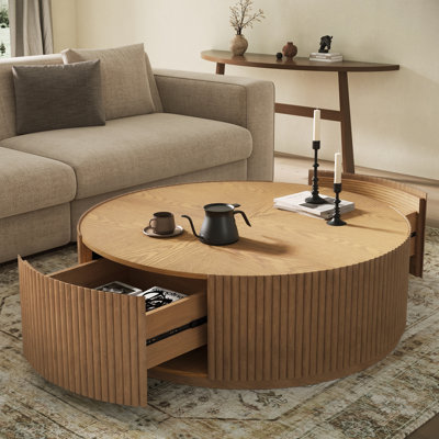Fully Assembled Modern 35" W Contemporary Round Coffee Table with Solid Wood Fluted Base, 2 Hidden Storage Drawers & Wood Veneer Top