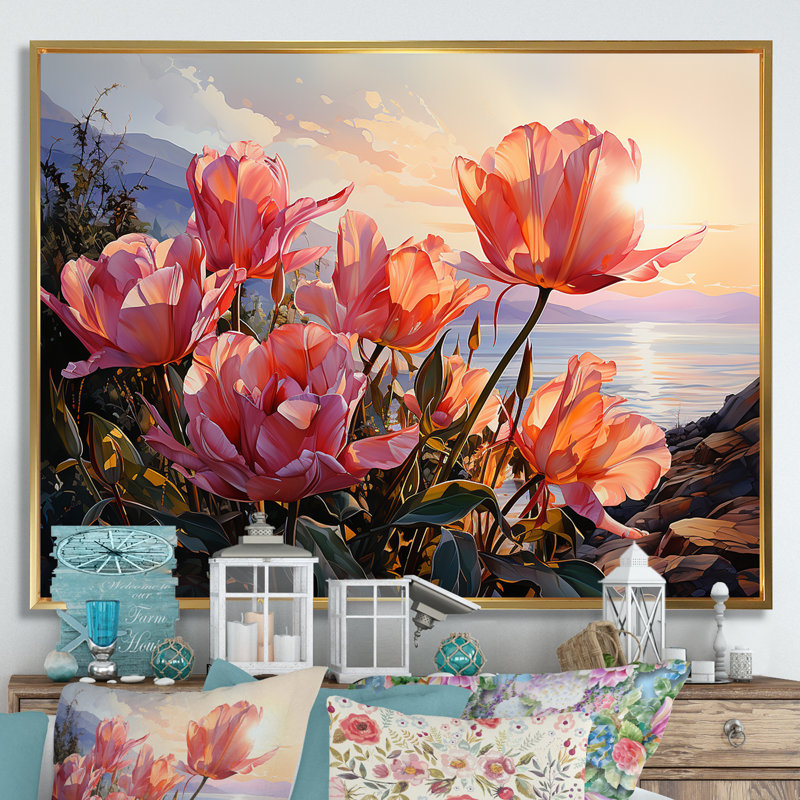 Tulipes au coucher du soleil - Tulipes, art mural, H 34 po x l 44 po x P 1,5 po, Cadre flottant doré
