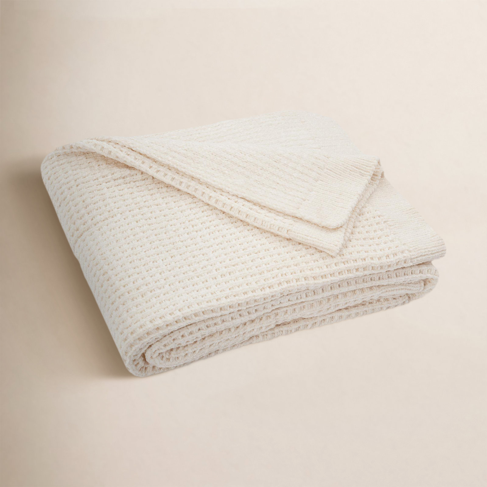 Amor Waffle Knitted Throw Blanket, Cream
