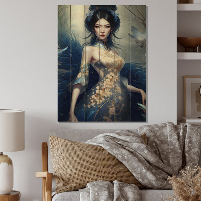 Femme japonaise d'anime avec une robe bleue - reproduction de femme japonaise sur bois