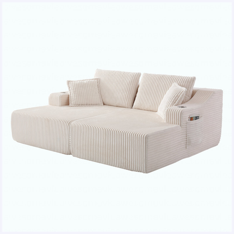Canapé-lit convertible | Canapé-lit surdimensionné de 83 po avec méridienne profonde et 6 coussins, White Fabric