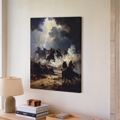 A Dramatic Battle Scene Unfolds Beneath Canvas Stormy Skies Featuring Mounted Warriors Charging Wall Art Premium Quality Ready To Hang