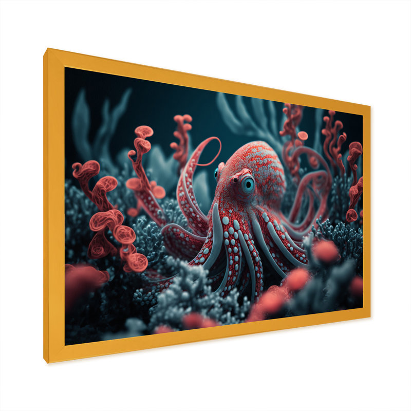 Mykea Red Octopus on the Ocean Floor I - reproduction sur toile, L 32 po x H 24 po, Impression dorée sur toile encadrée
