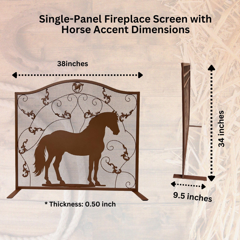 Metal Western Fireplace Screen Single Panel with Long-Tailed Horse Design