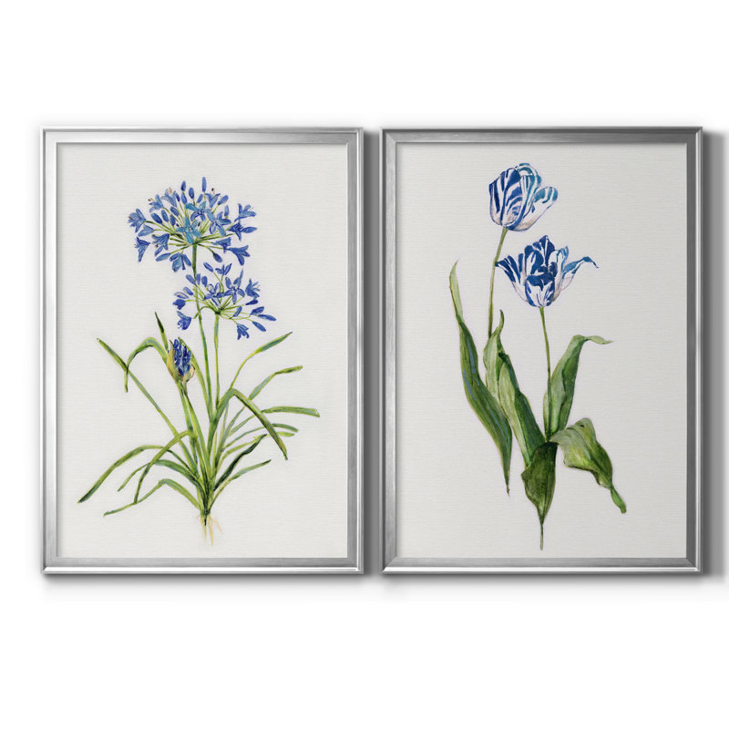 Blue Botanical Prints with Silver Frames, Set of 2