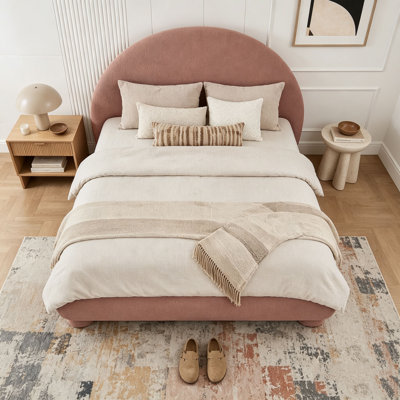 Boucle Fabric Platform Bed, Curved Arched Upholstered Bed Frame with Wooden Slats