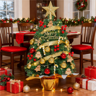 24 Inch Prelit Tabletop Christmas Tree With 30 LED Lights & Ornaments - Small Artificial Tree For Home Or Office (Red)